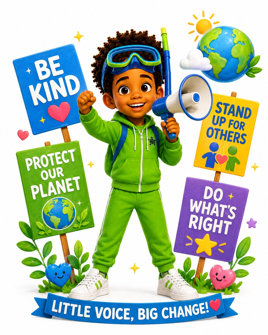 Jayden, the Young Changemaker, holding a megaphone with Be Kind and Protect Our Planet signs