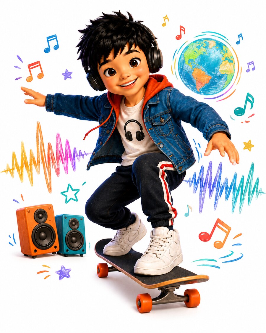 Mateo, the Sound Hunter, on his skateboard with speakers and music notes