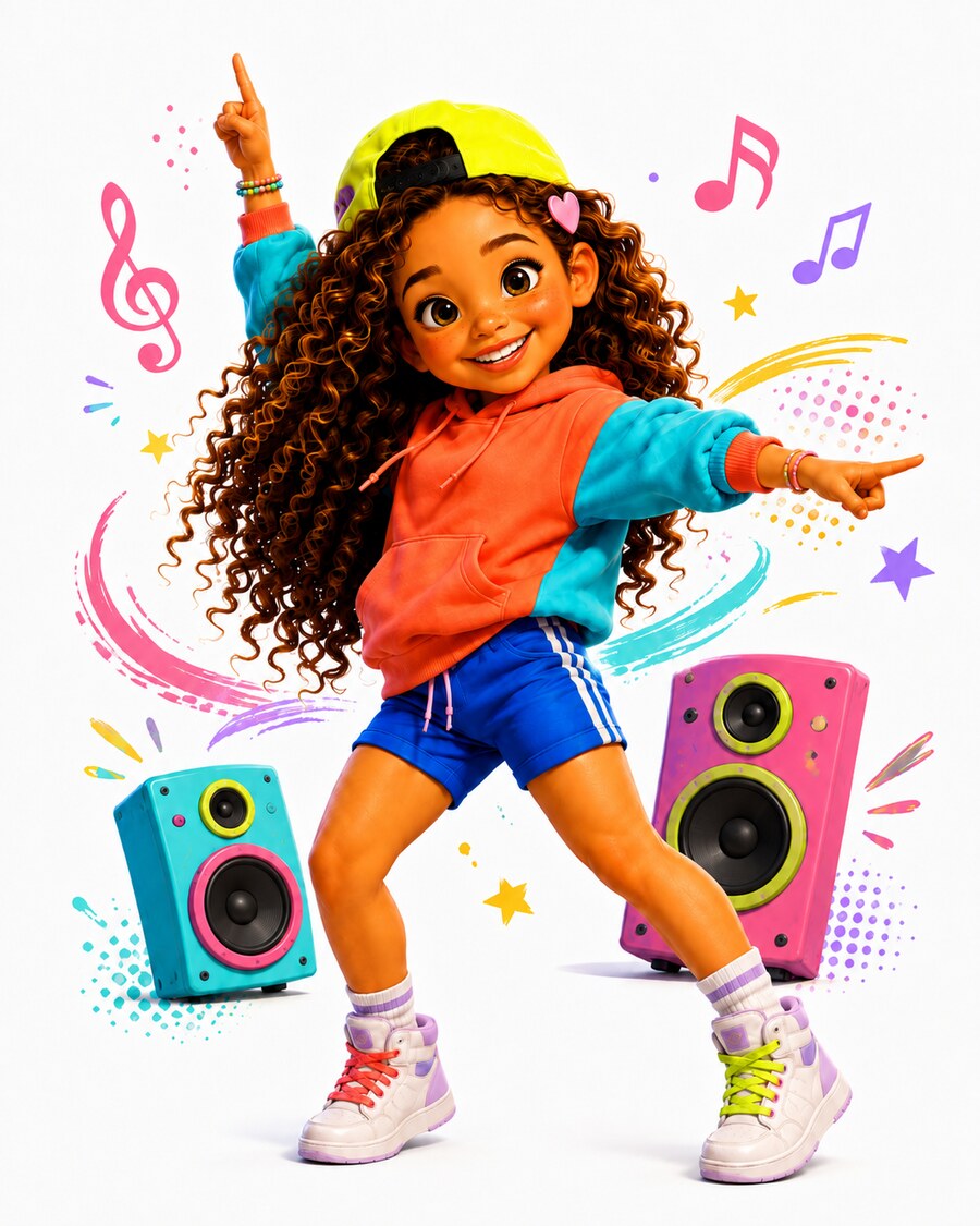 Mila, the Dance Captain, dancing with speakers