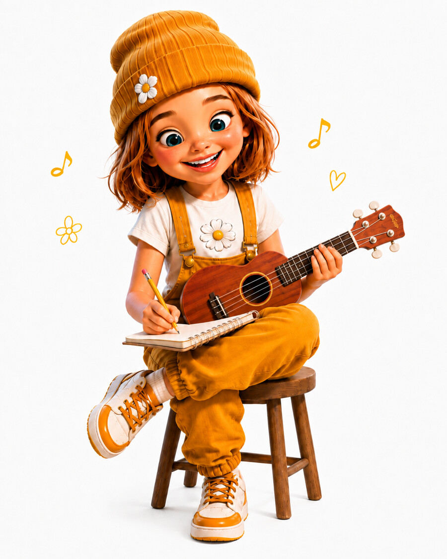 Poppy, the littlest bandmate, playing her ukulele next to a stack of storybooks