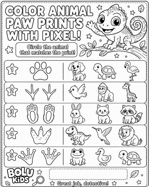 Color Animal Paw Prints with Pixel activity page preview