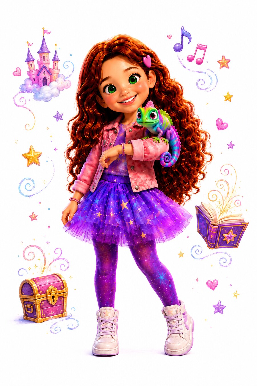Stella, the Storyteller, holding her chameleon Pixel next to a stack of storybooks